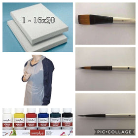 Retail Kit (THIS ITEM SHIPS FREE) 1 - 16" x 20" Canvas,  1 - 6 Pack paint, 3 - Brushes, 1 - Disposable Apron, 1 - Paint Mixing Guide $14.48 ea. Case of 14 Kits CLICK HERE FOR MORE INFORMATION AND PHOTO