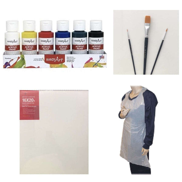 VIRTUAL EVENTS OR PARTIES! RETAIL KIT SHIPPED BY US FOR YOU ANYWHERE IN THE USA! 1 - 16x20"Canvas, 1 - 6 Pack Paint, 3 - Brushes, 1 - Disposable Apron, 1 - Paint Mixing Guide $27.50 ea. Includes Shipping! CLICK HERE FOR MORE INFORMATION AND PHOTOS