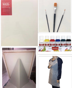 VIRTUAL EVENTS OR PARTIES! SHIPPED BY US FOR YOU IN THE USA!  1-16x20" Canvas, 1 Carboard Easel, 1 - 6 Pack Paint, 3 - Brushes, 1 - Disposable Apron, 1 - Paint Mixing Guide $29.00 ea. Includes Shipping! CLICK HERE FOR MORE INFORMATION AND PHOTOS